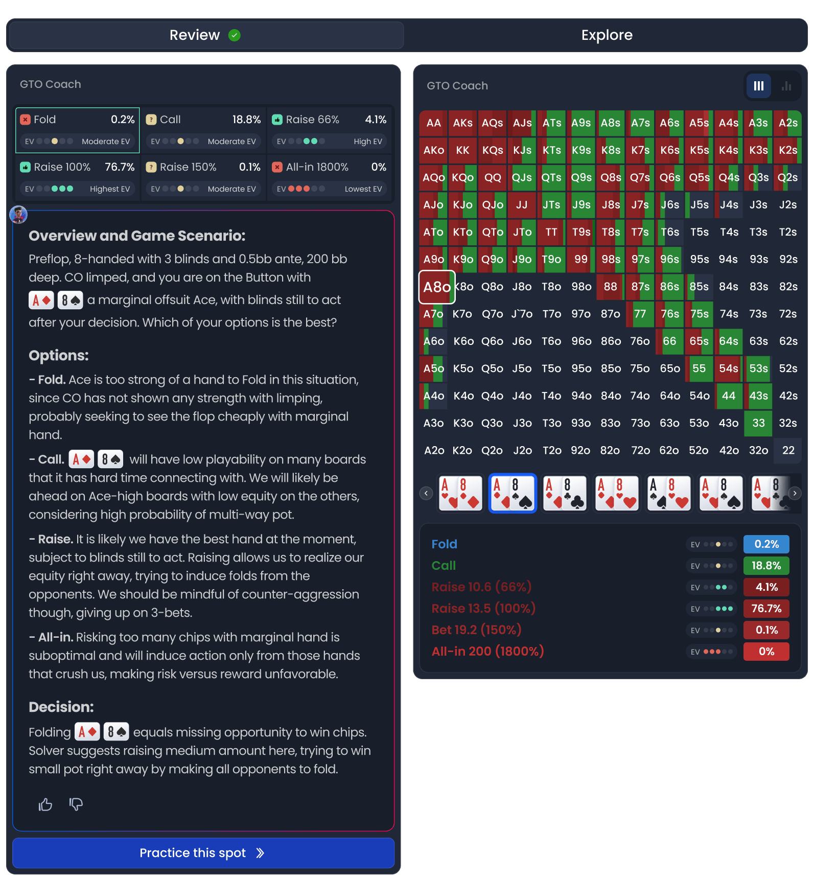 QuintAce product surface — Review and Explore with GTO Coach